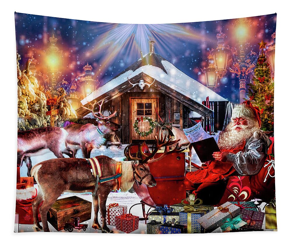 Kess InHouse bruxamagica Santa Flying Brown Red Holiday Modern Digital Illustration 68 x 80 Wall Tapestry 